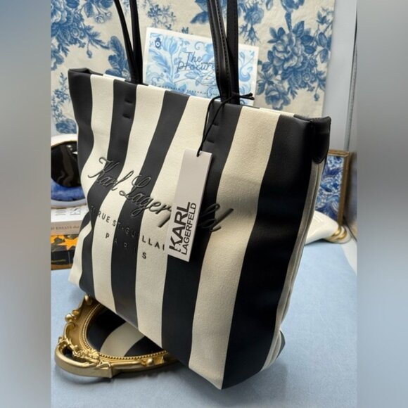 🆕 KARL LAGERFELD PARIS 🧿 NWT Hotel Beach Stripe Tote, Black & White - Picture 5 of 15